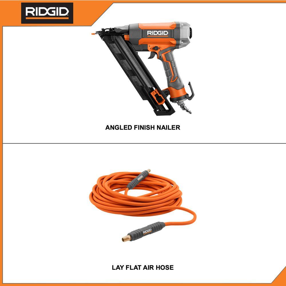 RIDGID Pneumatic 15-Gauge 2-1/2 in. Angled Finish Nailer with 1/4 in. 50 ft. Lay Flat Air Hose