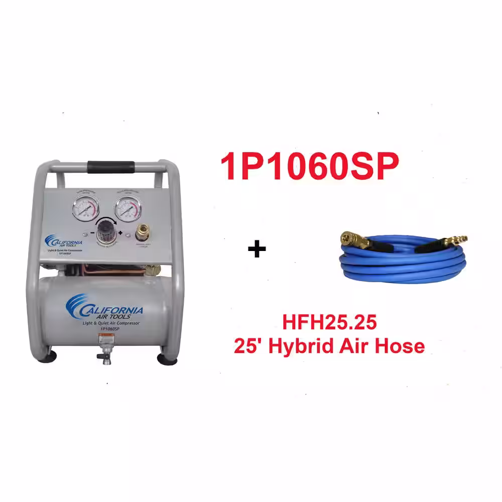 California Air Tools 0.6 Hp 1 Gal. 120 Psi Tank Steel Light and Quiet Panel Portable Electric Air Compressor with 25 ft. Hybrid Air Hose Kit