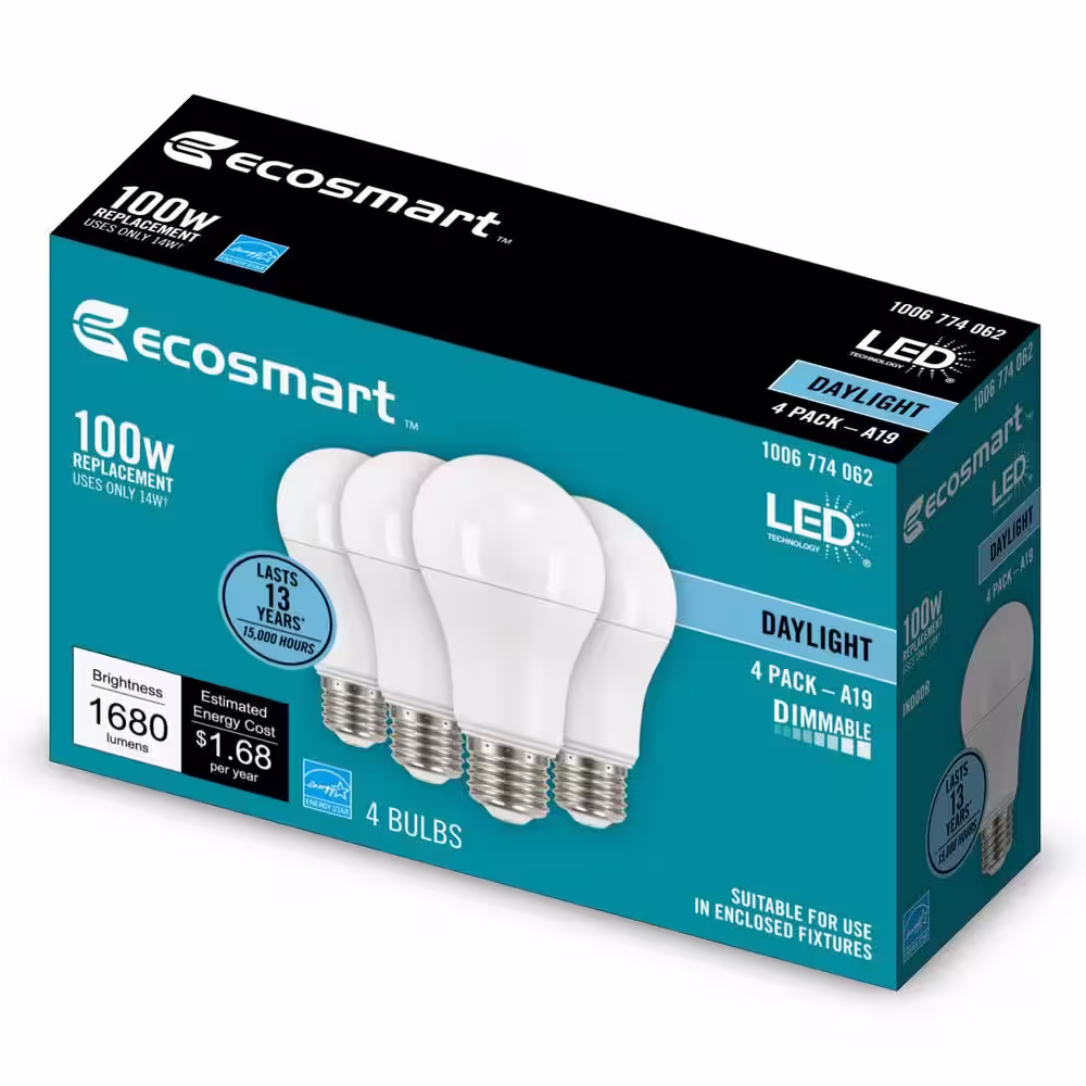 EcoSmart 100-Watt Equivalent A19 Dimmable LED Light Bulb Daylight (4-Pack)
