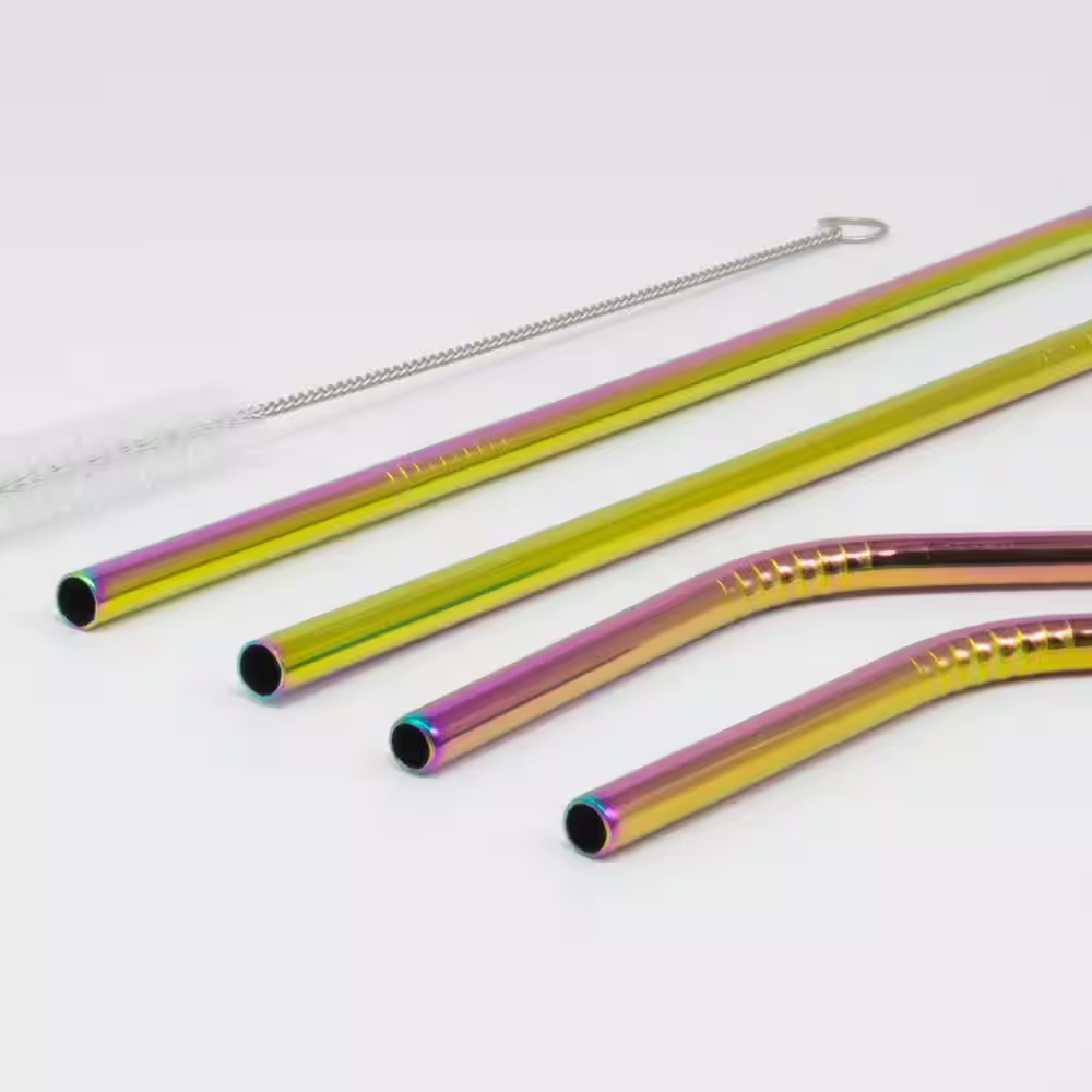 ExcelSteel 10 Pc Reusable Rainbow Straw Set W/ Cleaning Brushes