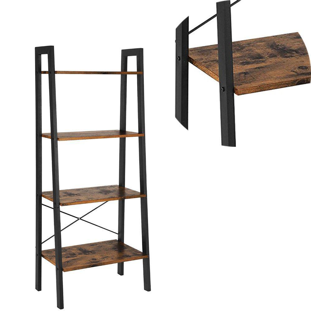 Benjara 13.4 in. W x 54.1 in. H x 22 in. L Brown and Black Rustic Wooden Ladder 4-Tiered Shelf with Iron Framework