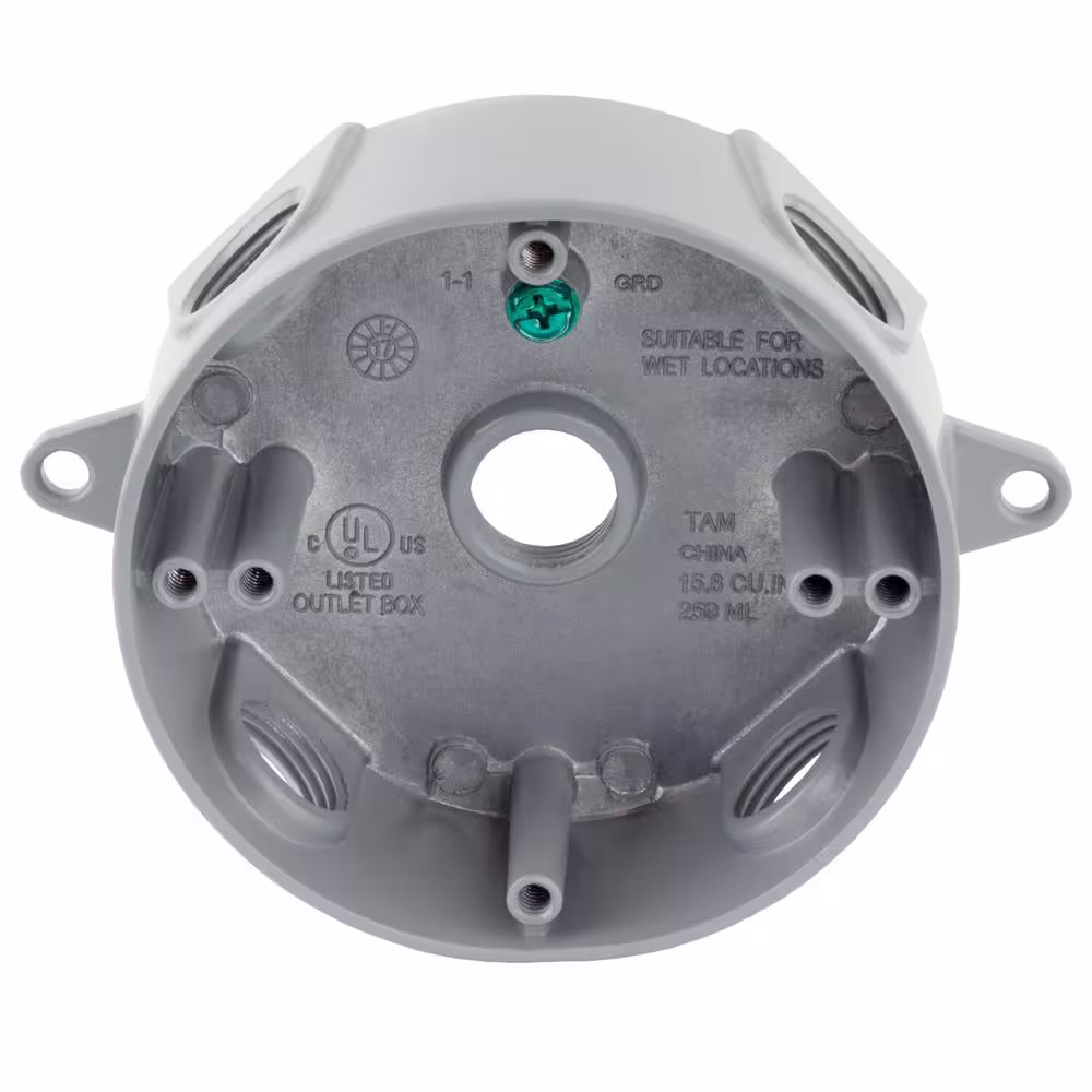 Commercial Electric 4 in. Round Metallic Weatherproof Box with (5) 1/2 in. Holes, Gray