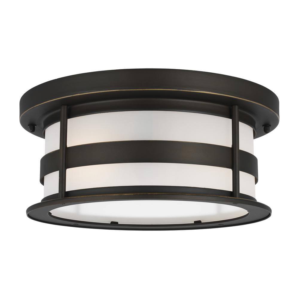 Generation Lighting Wilburn 2-Light Antique Bronze Outdoor Urban Craftsman Flush Mount Light with Satin Etched Glass Shade and LED Bulbs