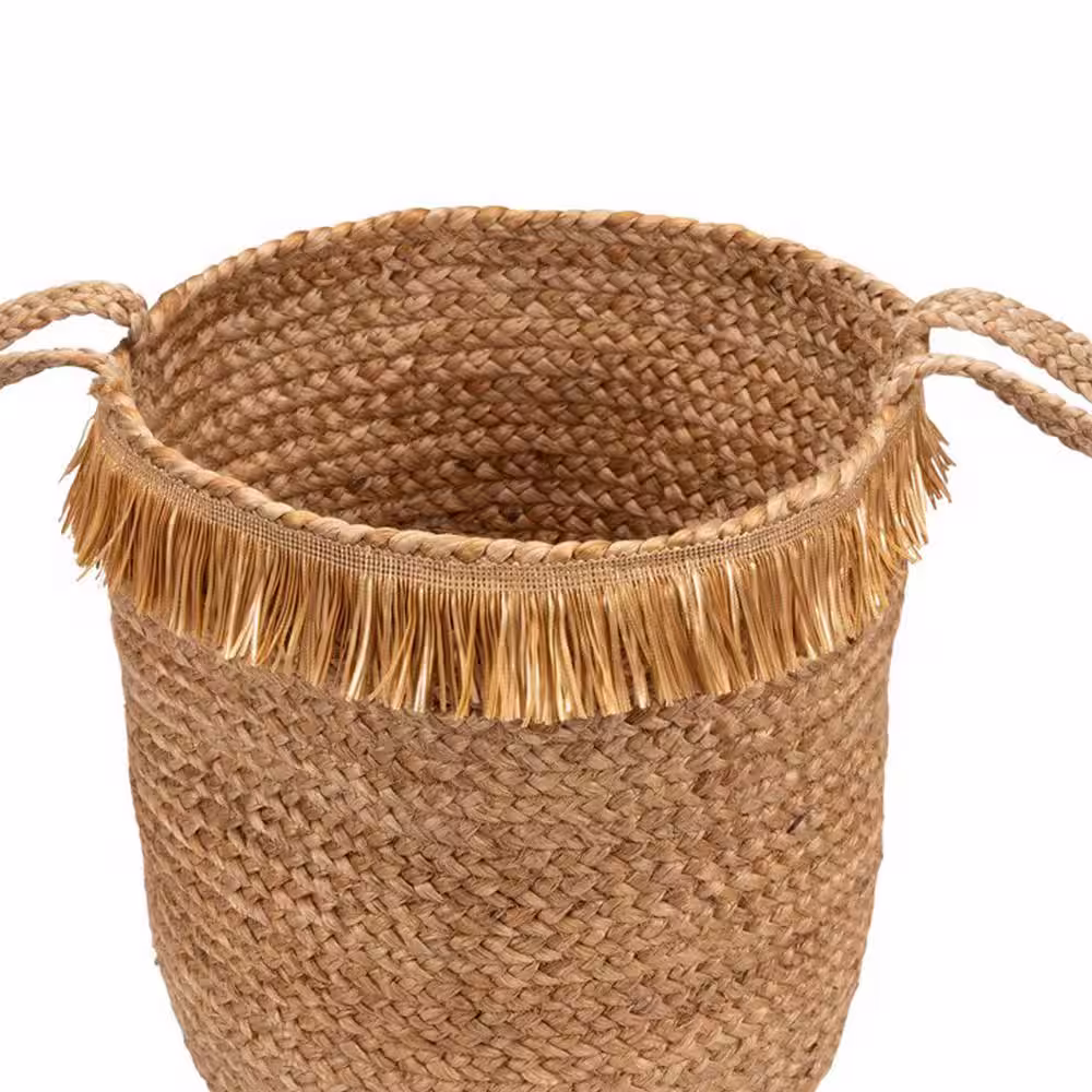 LR Home Amara Claine Braided Fringed Natural Jute Decorative Storage Basket with Handles