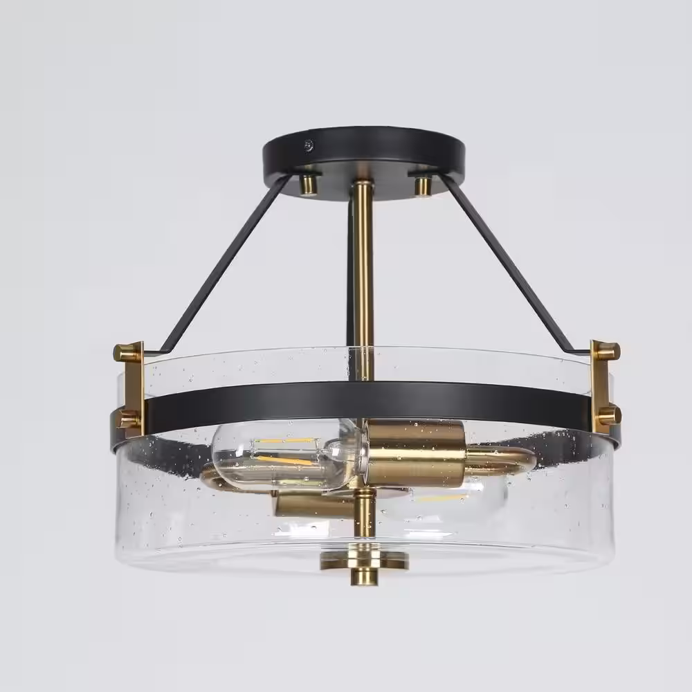 Uolfin Modern Farmhouse Black Semi-Flush Mount, 12.5 in. 2-Light Plated Gold Kitchen Ceiling Fixture Light with Seeded Glass