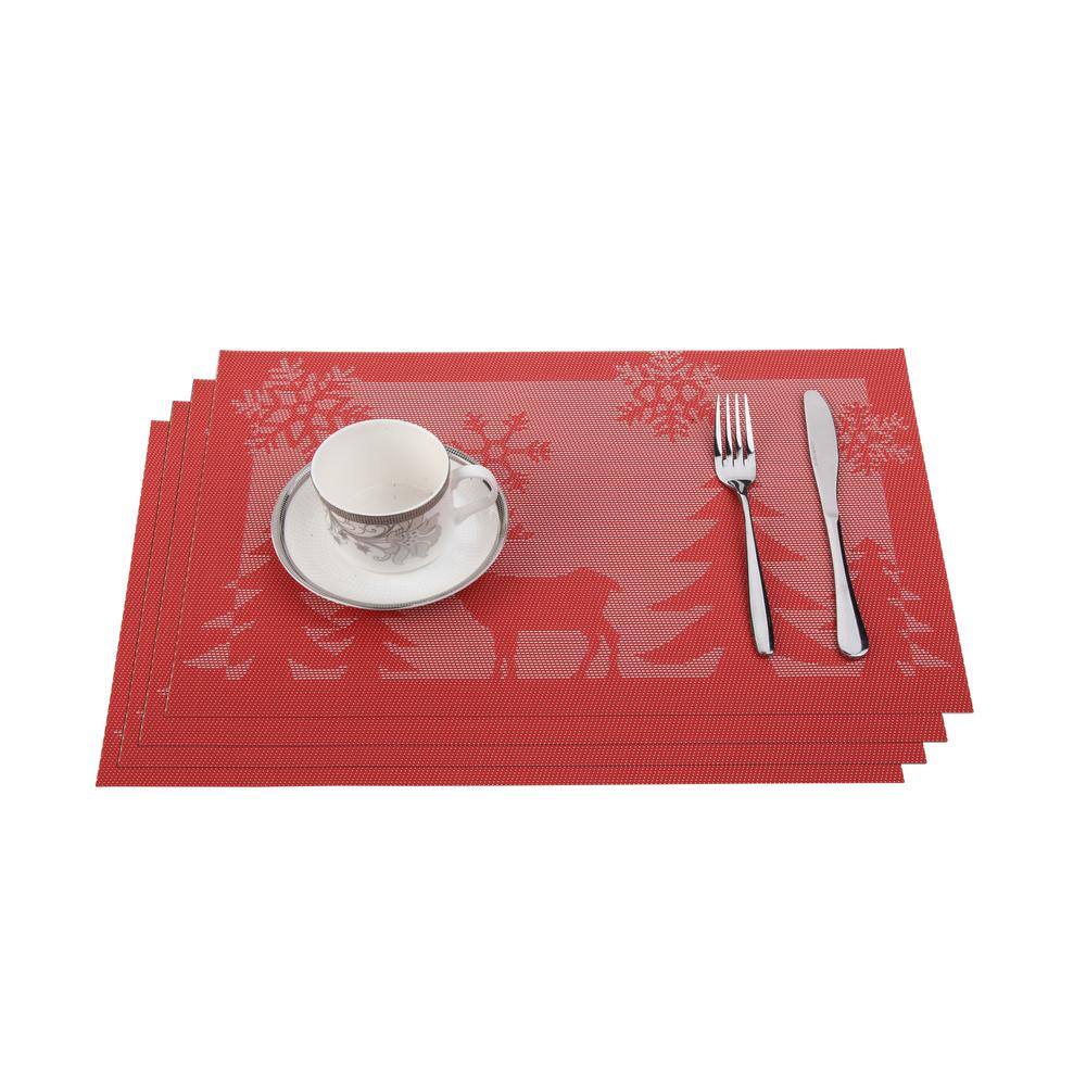 J&V TEXTILES Red and White Deer Jacquard 12 in. x 18 in. PVC Fiber Woven Non-Slip Washable Placemat (Set of 4)