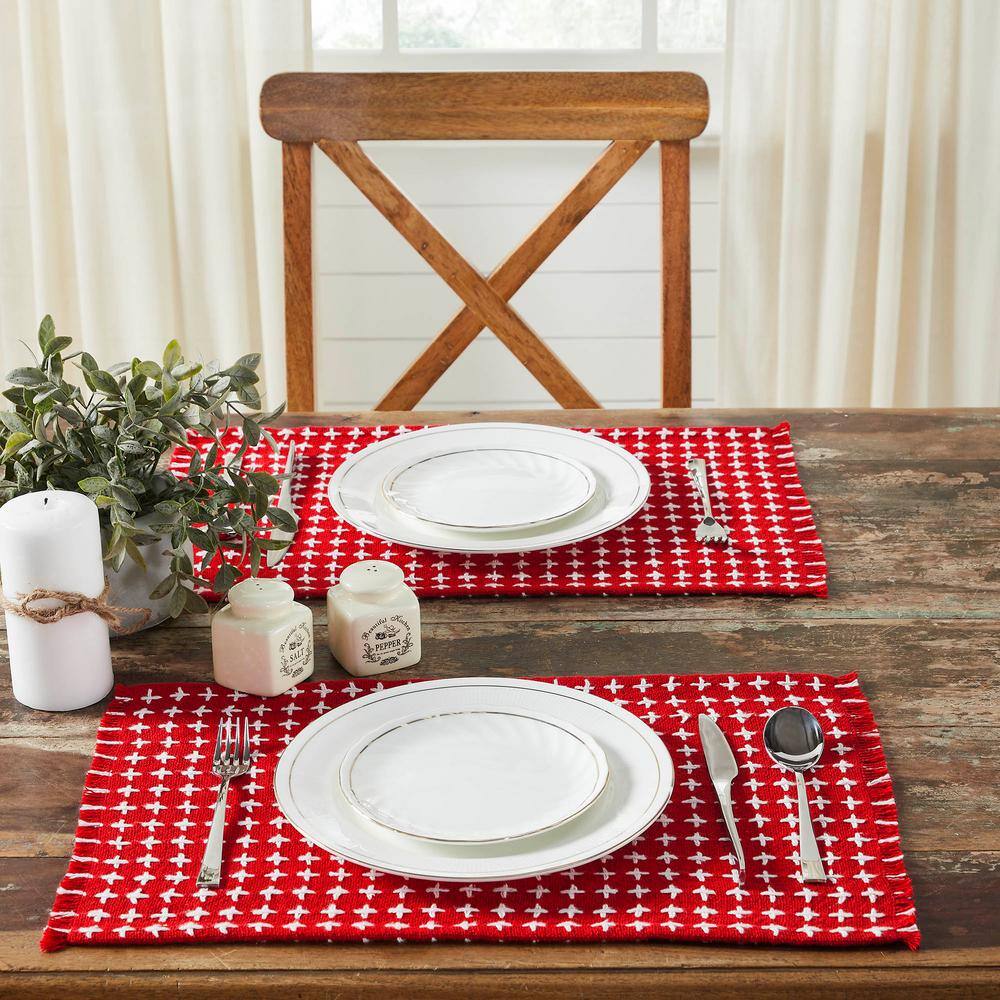 VHC BRANDS Gallen 13 in. x 19 in. Red White Cross Stitch Cotton Blend Placemat (Set of 2)