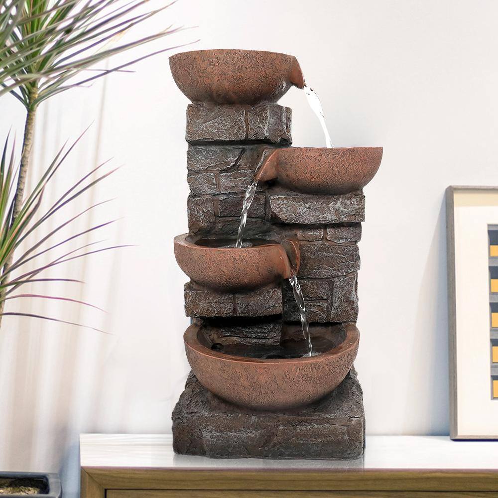 Watnature 15.7 in. H  Resin Tabletop Waterfall Fountain 4-Tier Relaxing Bowl Fountain with LED Light and Submersible Pump for Home
