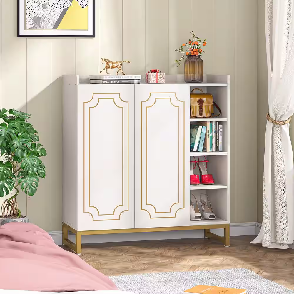 None 39.4 in. H x 34.3 in. W White and Gold Wood Shoe Storage Cabinet with Doors and 4-Open Storage Shelves