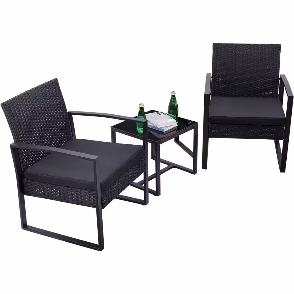 None 3-Piece Patio Set Wicker Patio Furniture, Bistro Set Rattan Chairs with Coffee Table for Patio and Bistro (Black)