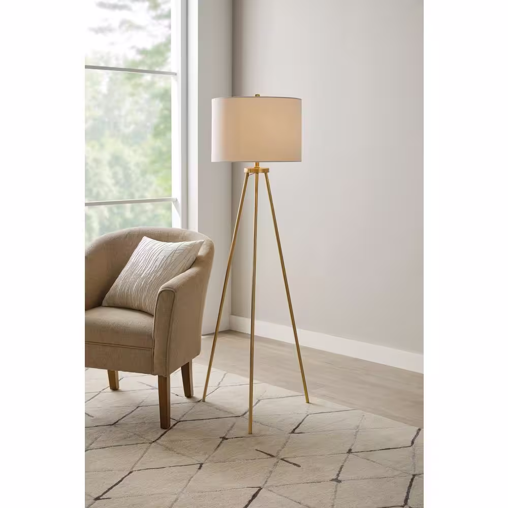 Hampton Bay Quinby 58 in. Gold Tripod Floor Lamp with White Fabric Shade
