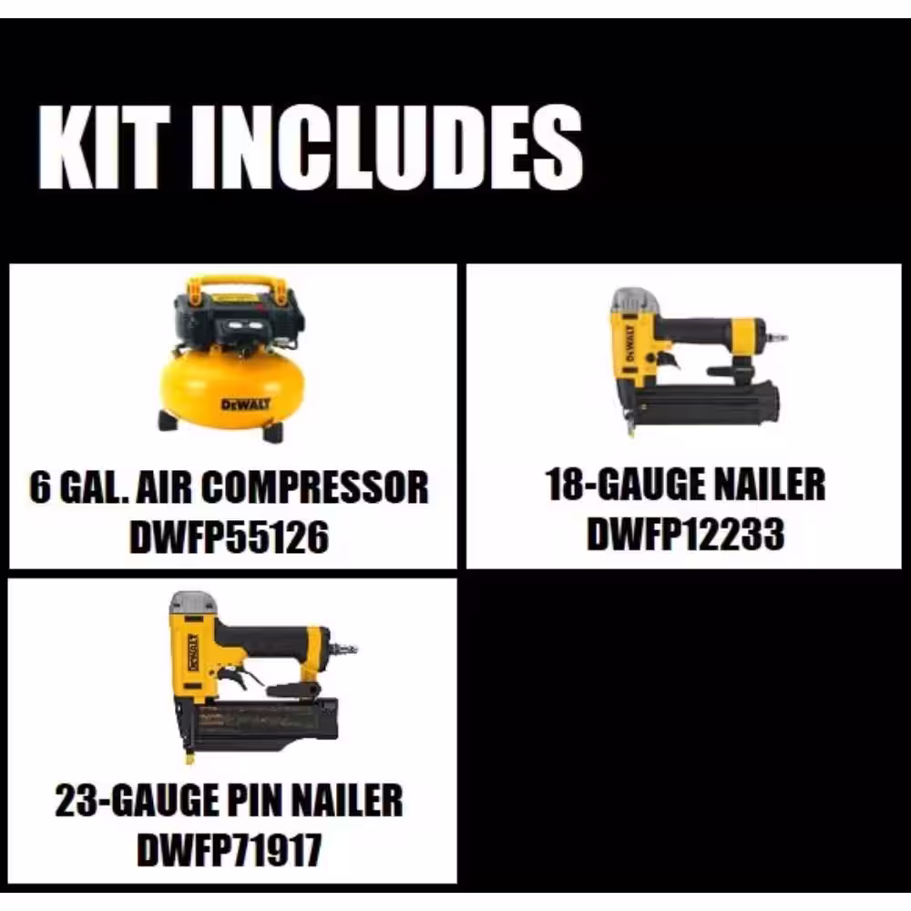 DEWALT 6 Gal. 165 PSI Portable Electric Pancake Air Compressor, 18GA Pneumatic Corded Brad Nailer, and 23GA 2 in. Pin Nailer