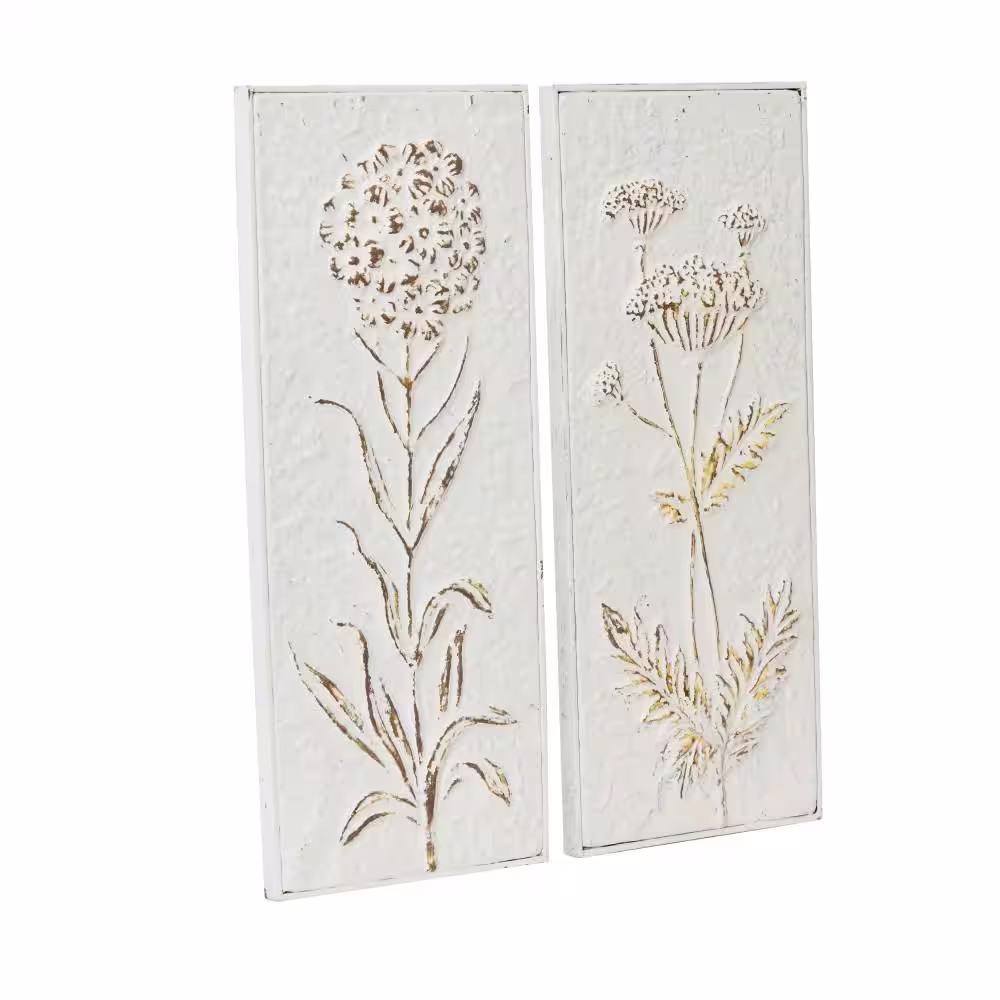 Litton Lane Metal White Relief Floral Wall Decor with Gold Detailing (Set of 2)