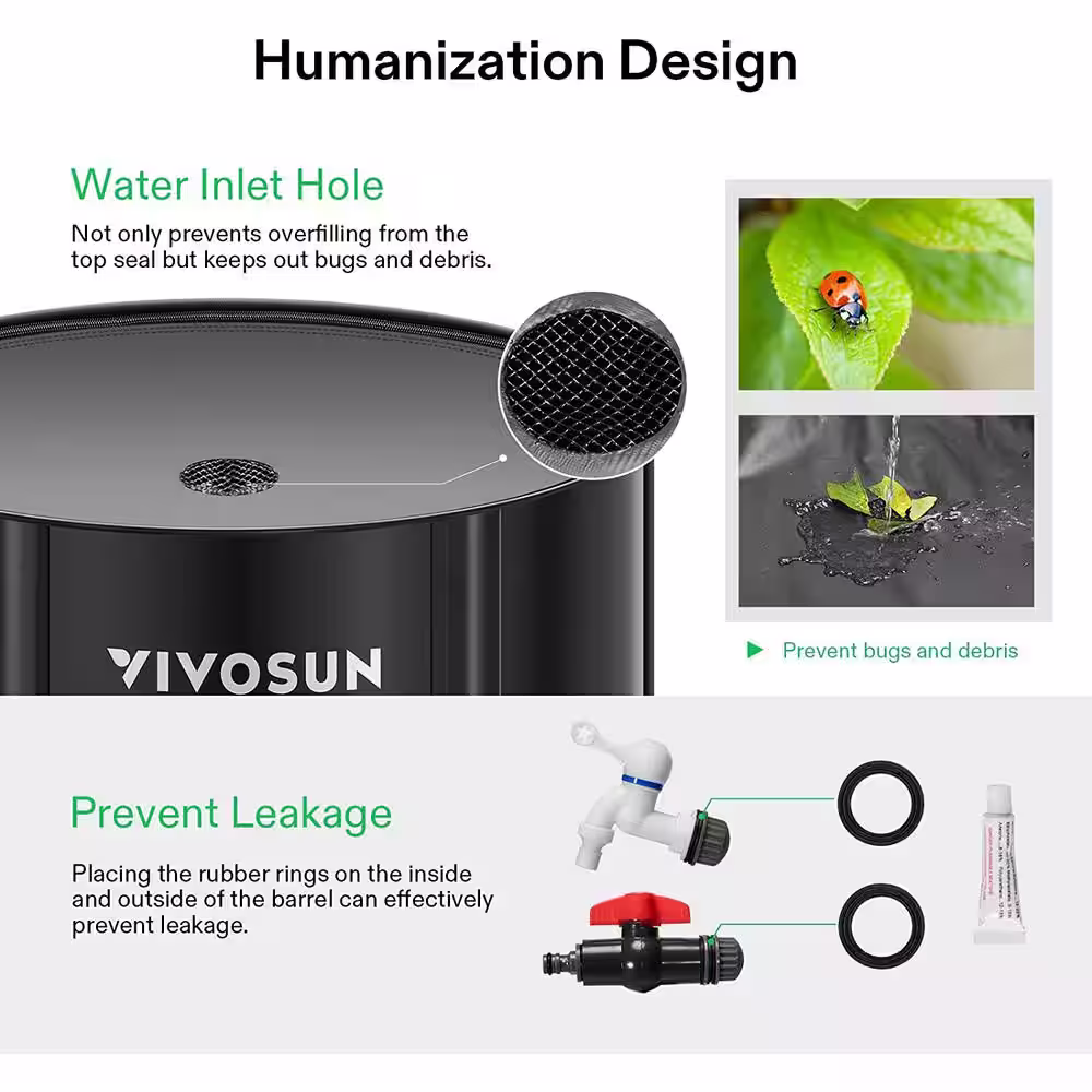 VIVOSUN 100 Gal. Collapsible Rain Barrel with 2 Spigots and Overflow Kit in Black