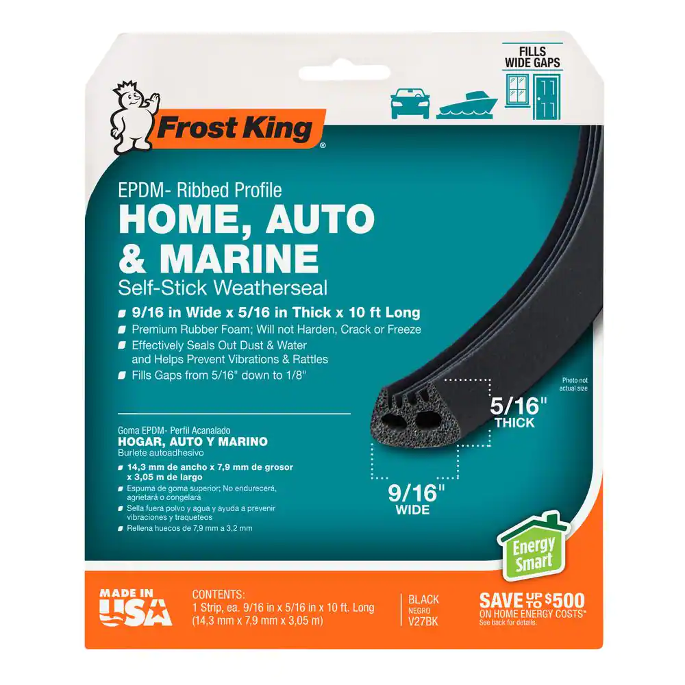 Frost King E/O 9/16 in. x 5/16 in. x 10 ft. Black EPDM Cellular Rubber Weather-Strip Tape Cushioned Ribbed