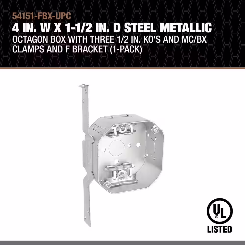Southwire 4 in. W x 1-1/2 in. D Steel Metallic Octagon Box with Three 1/2 in. KO's and MC/BX Clamps and F Bracket (1-Pack)