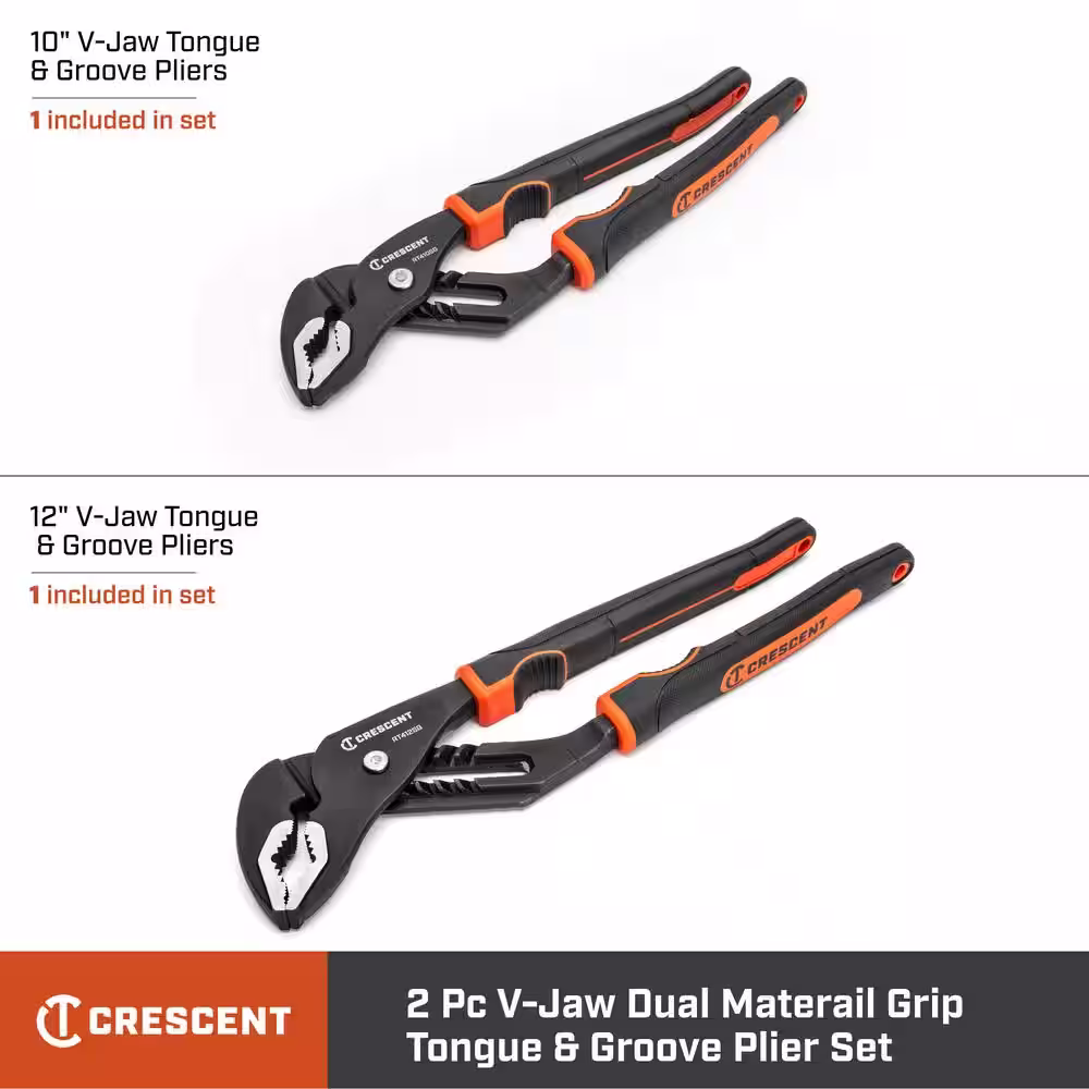 Crescent 10 in. & 12 in. Dual Material Tongue and Groove Plier Set with Grip Zone V-Jaw