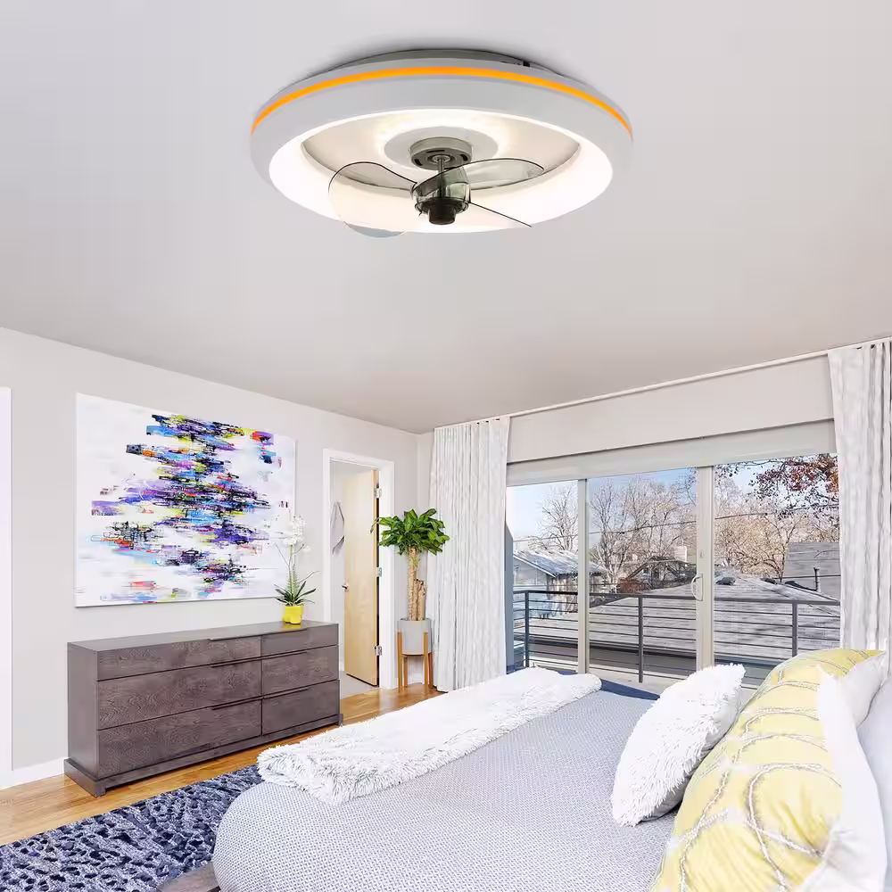 Bella Depot 19 in. Indoor White Low Profile Ceiling Fan with Integrated LED Light and Remote Flush Mount Ceiling Fan