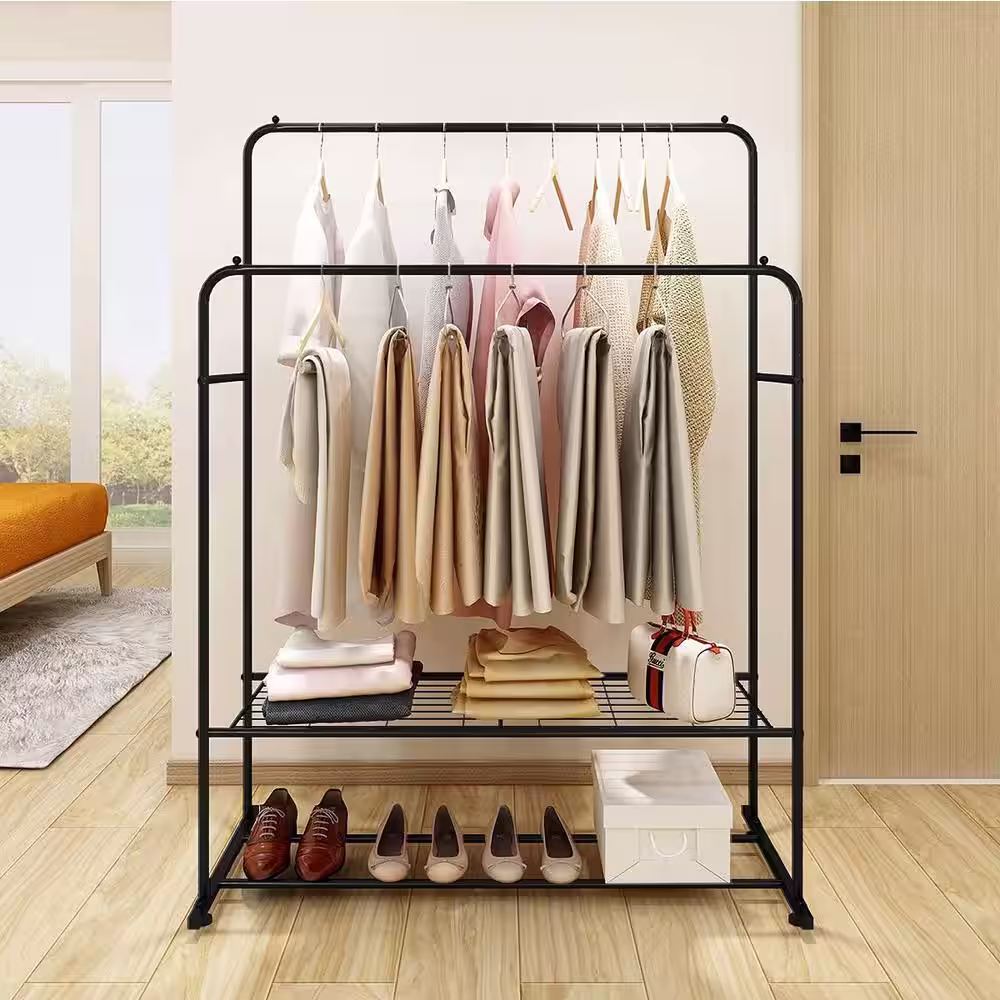 None Black Double Rods Multi-functional Freestanding Metal Clothes Rack 43.30 in. W x 60.24 in. H