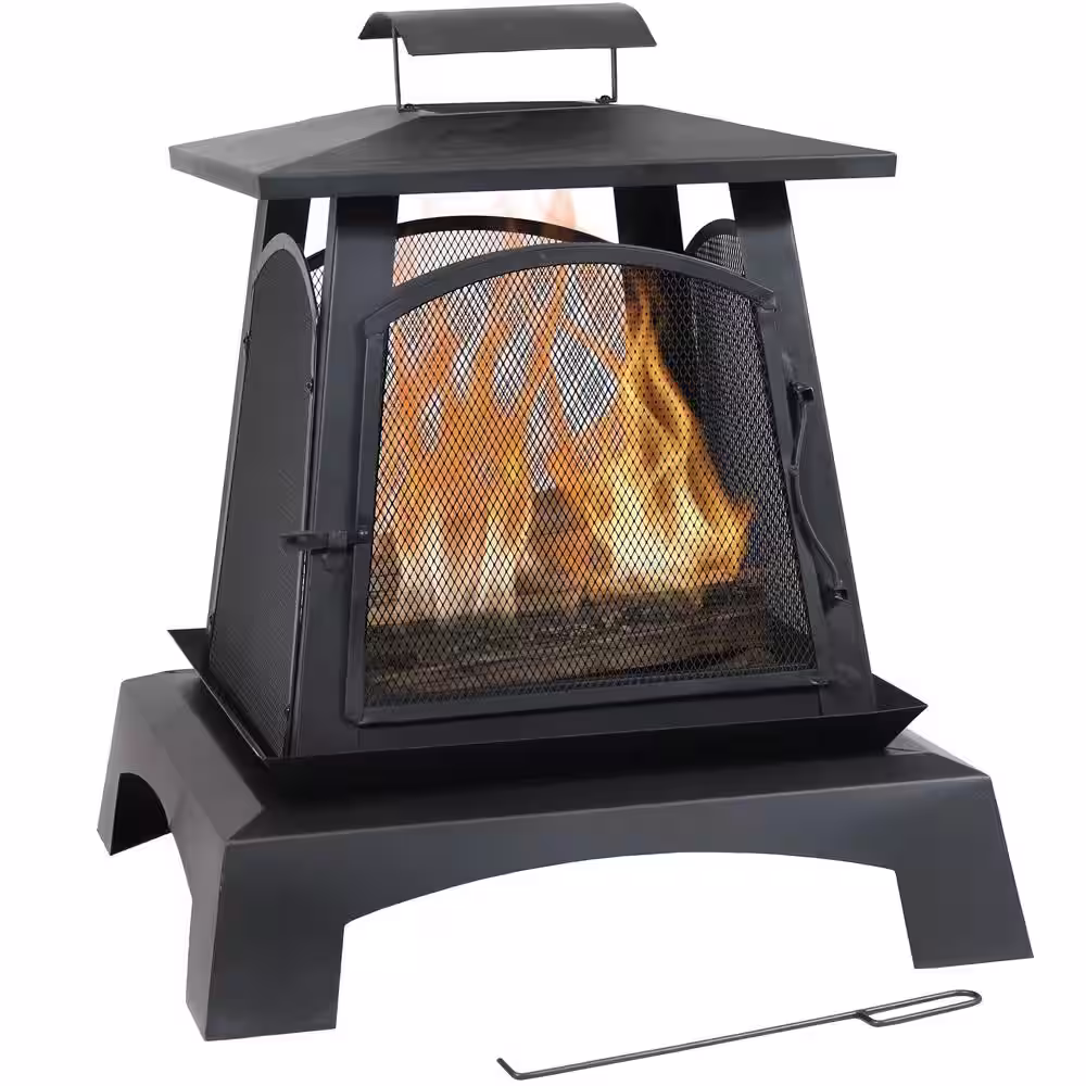 Sunnydaze Decor 32 in. Black Steel Pagoda Style Wood-Burning Fireplace