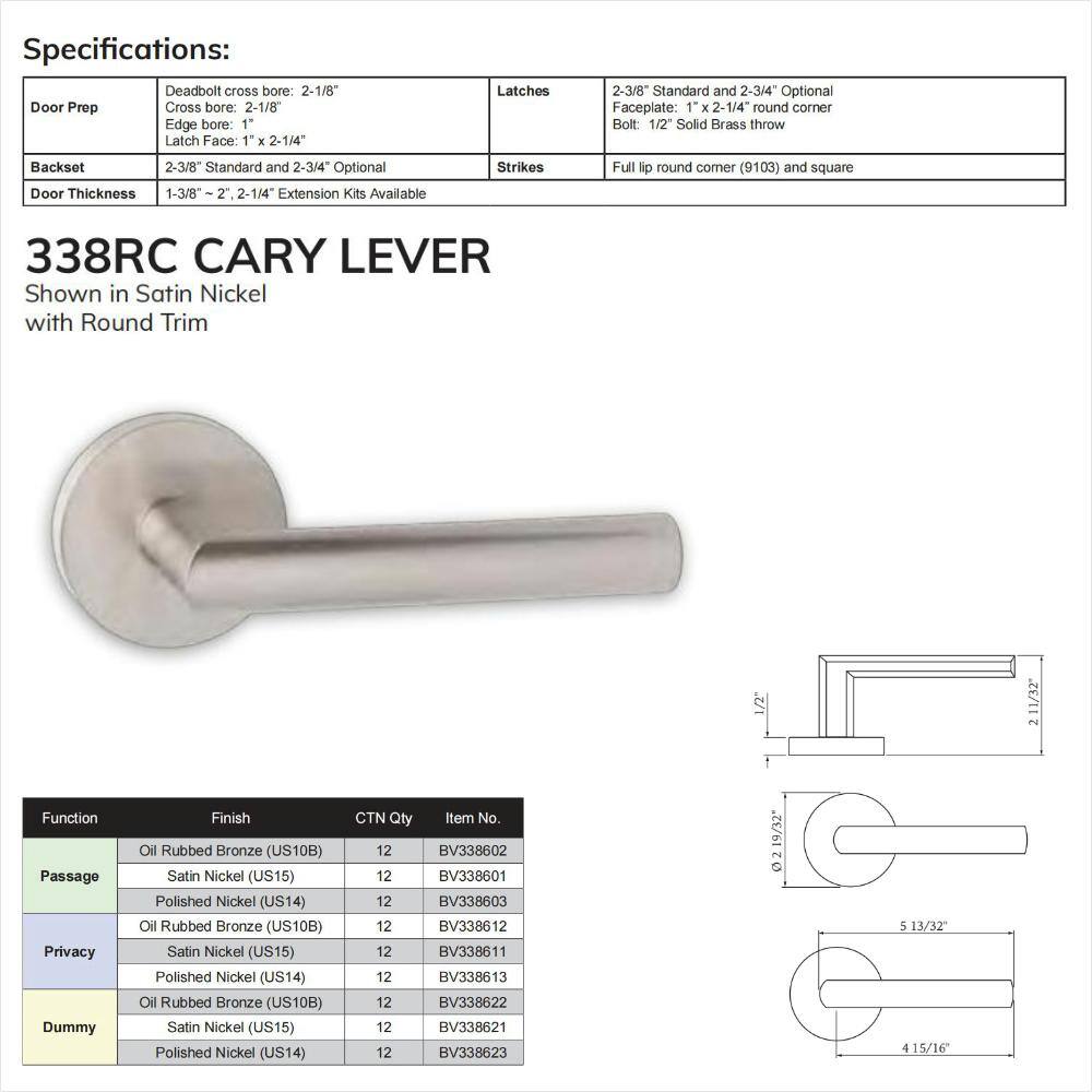 DELANEY HARDWARE Bravura Cary Solid Zinc Single Dummy Door Lever Satin Nickel w/ round trim