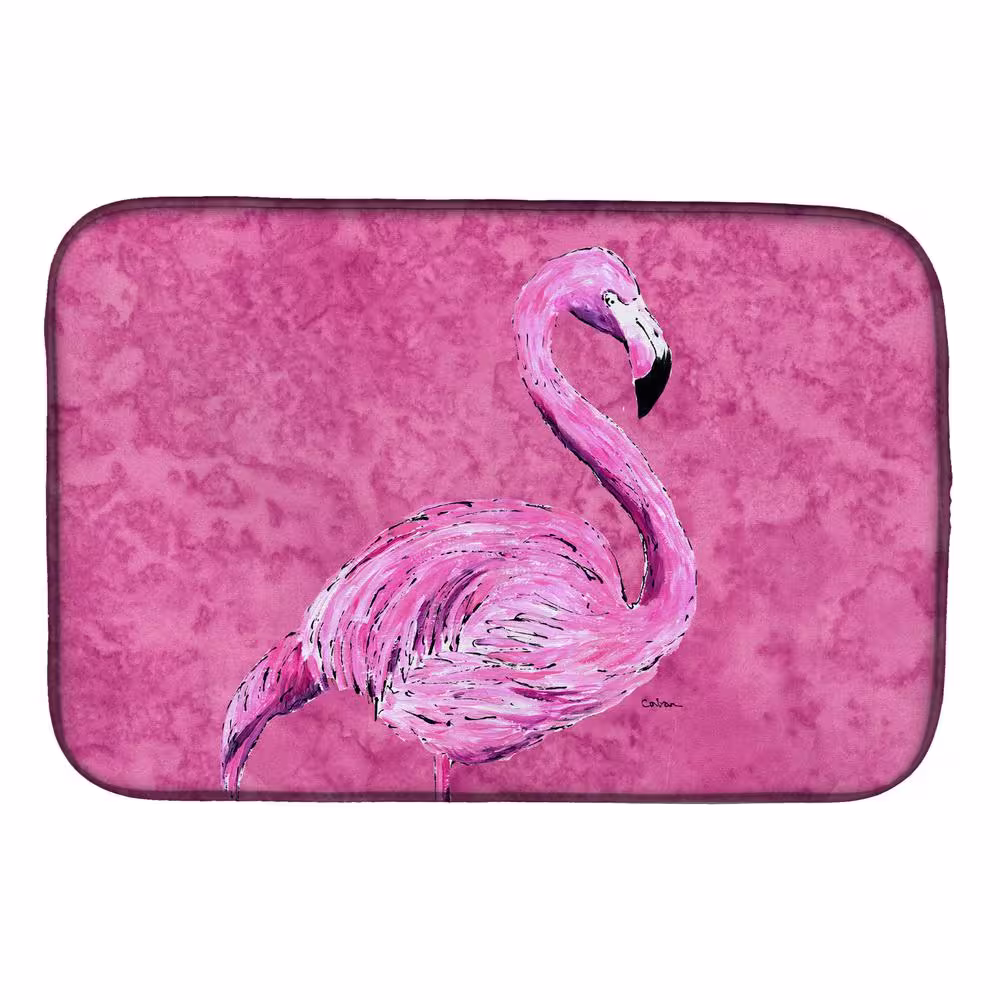 Caroline's Treasures 14 in. x 21 in. Multicolor Flamingo on Pink Dish Drying Mat