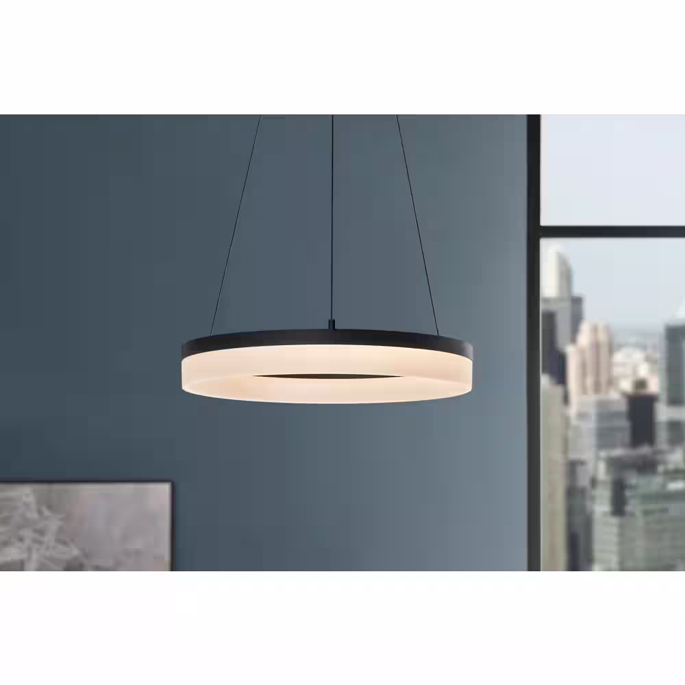 Home Decorators Collection Kipling 35-Watt Black Modern Integrated LED Pendant Light with Frosted Acrylic Shade