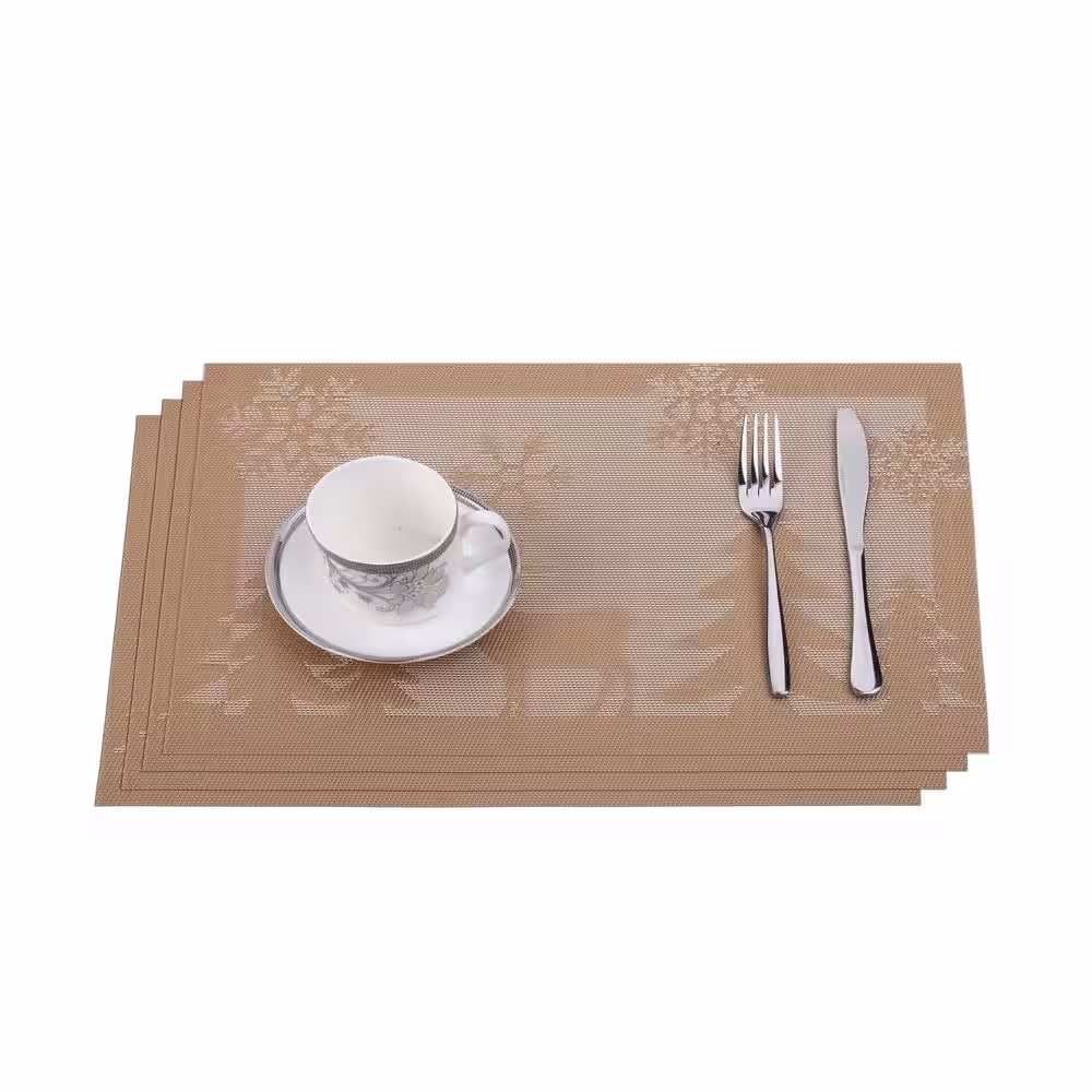 J&V TEXTILES Gold and White Deer Jacquard 12 in. x 18 in. PVC Fiber Woven Non-Slip Washable Placemat (Set of 4)