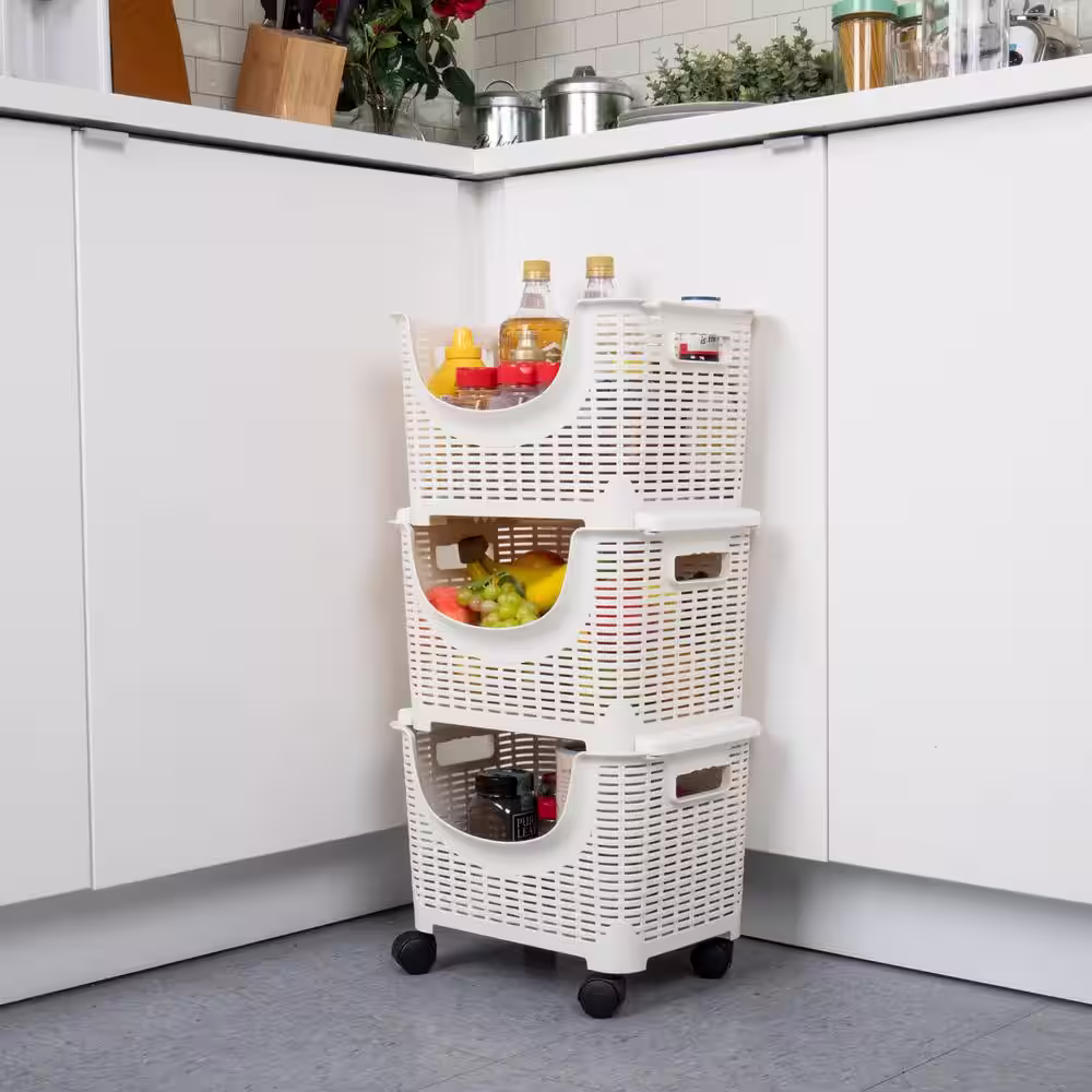 Mind Reader 3-Tier 15 Gal. Stackable Rolling Storage Bins in Ivory