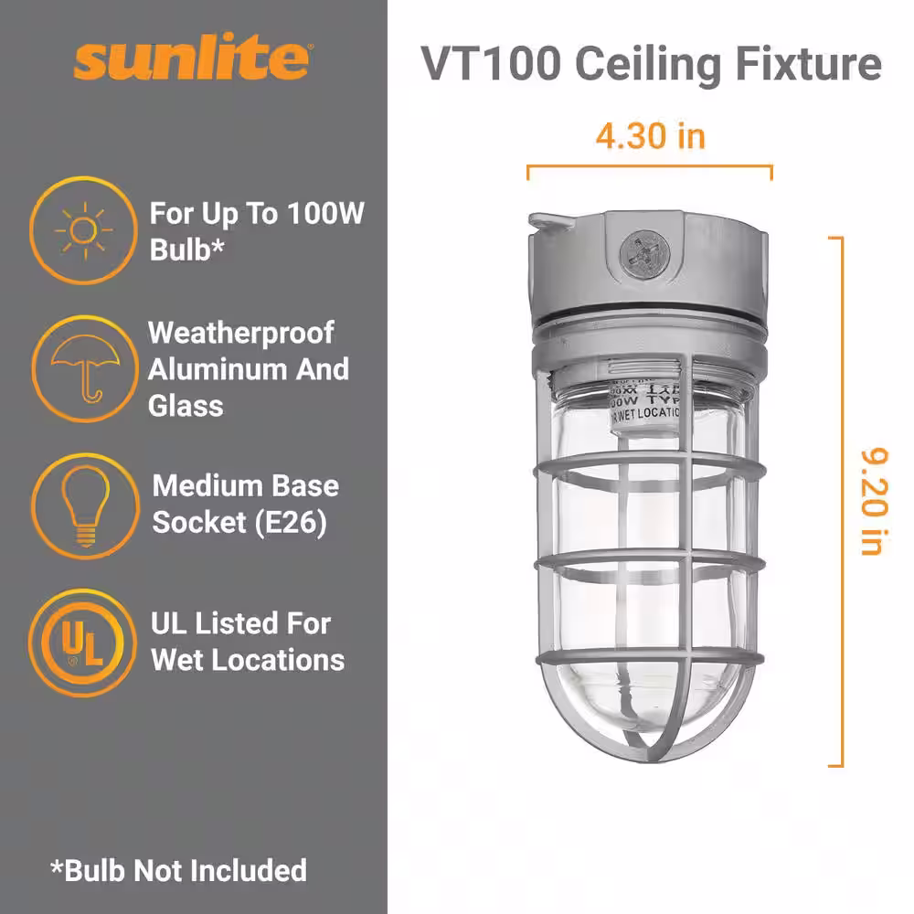 Sunlite 1-Light Metallic Vaporproof Outdoor Industrial Ceiling Flush Mount Light with E26 Medium Base 120-Volt UL Listed