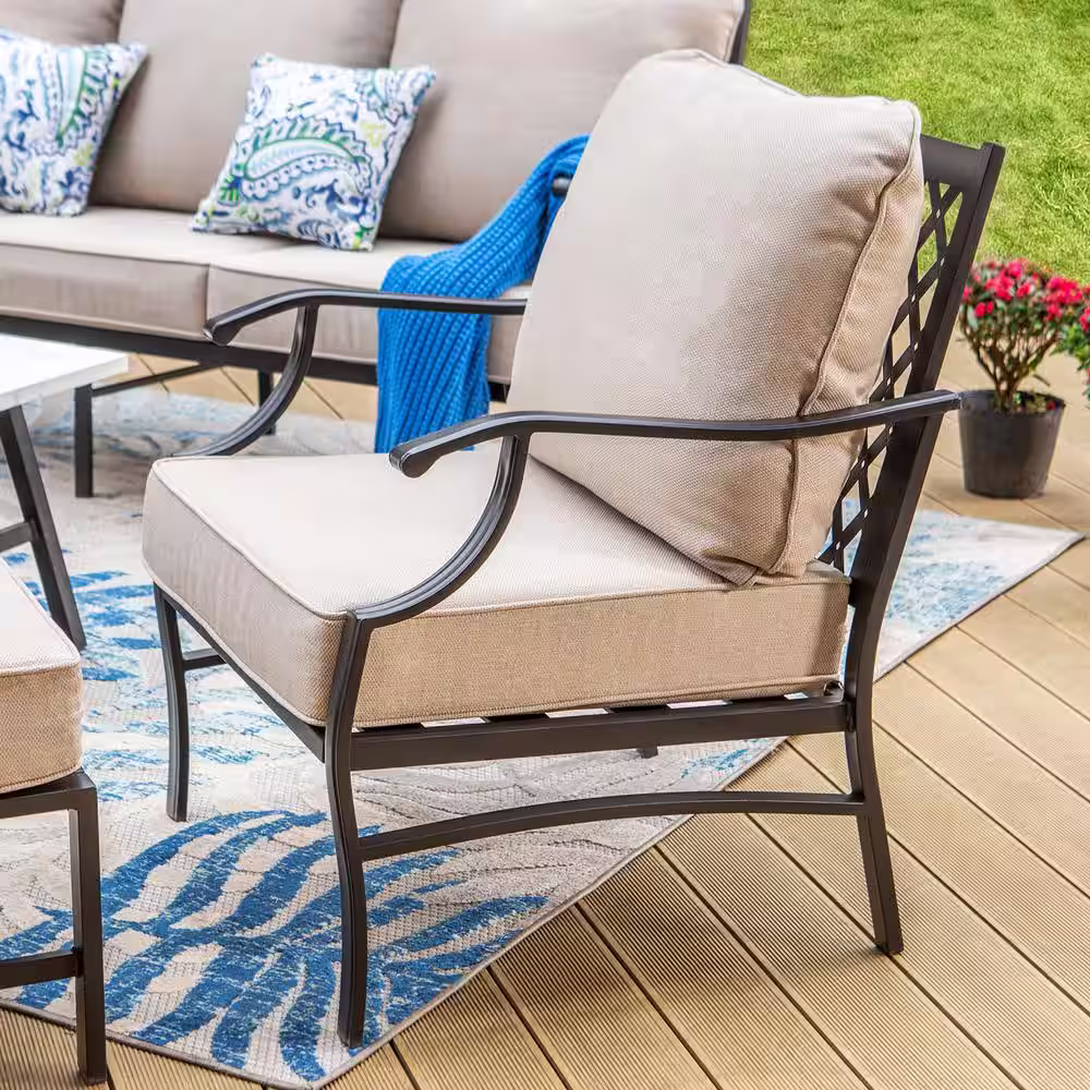 None Black Meshed 9-Seat 7-Piece Metal Outdoor Patio Conversation Set with Beige Cushions,2 Swivel Chairs and 2 Ottomans