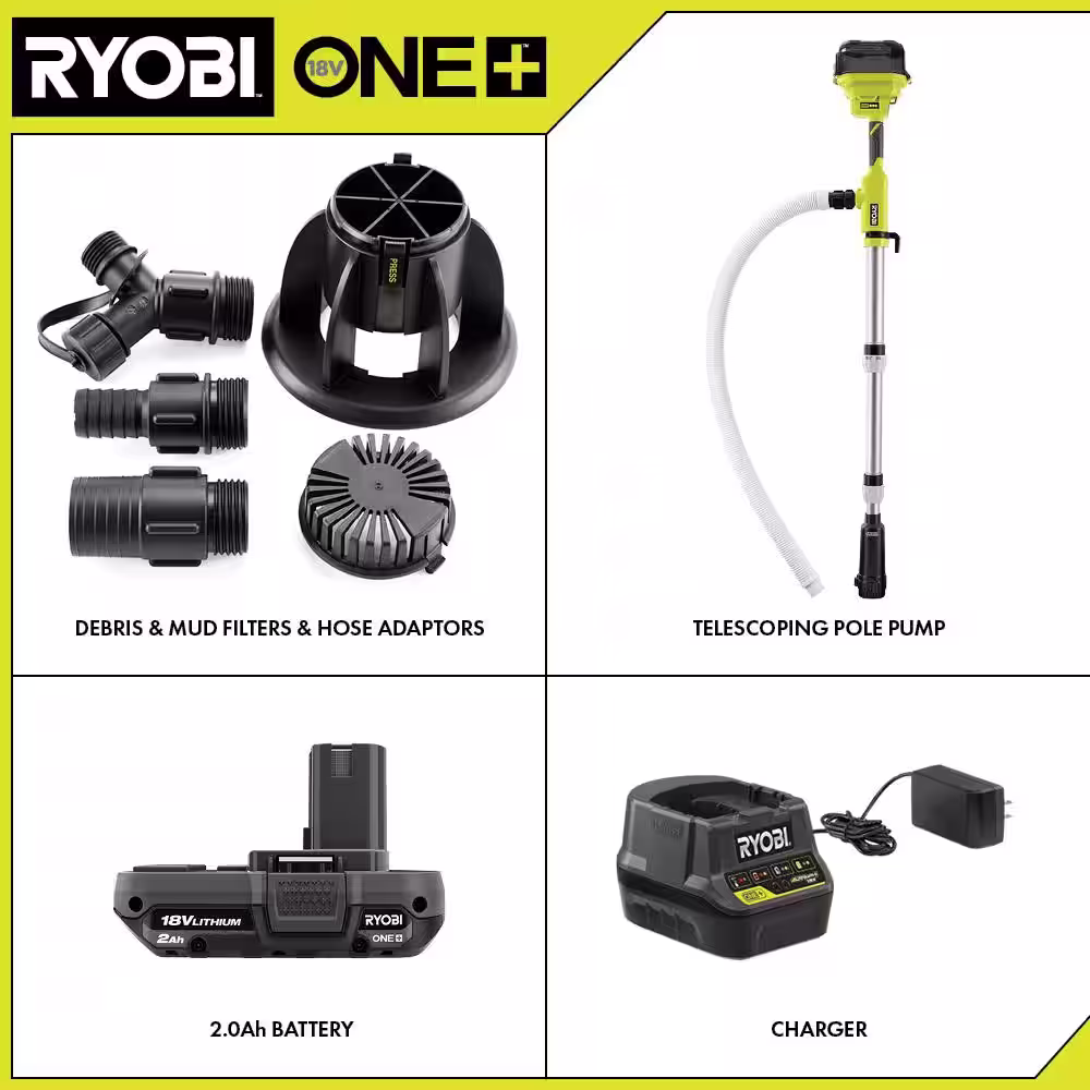 RYOBI ONE+ 18V Cordless 1/6 HP Telescoping Pole Pump with 2.0 Ah Battery and Charger