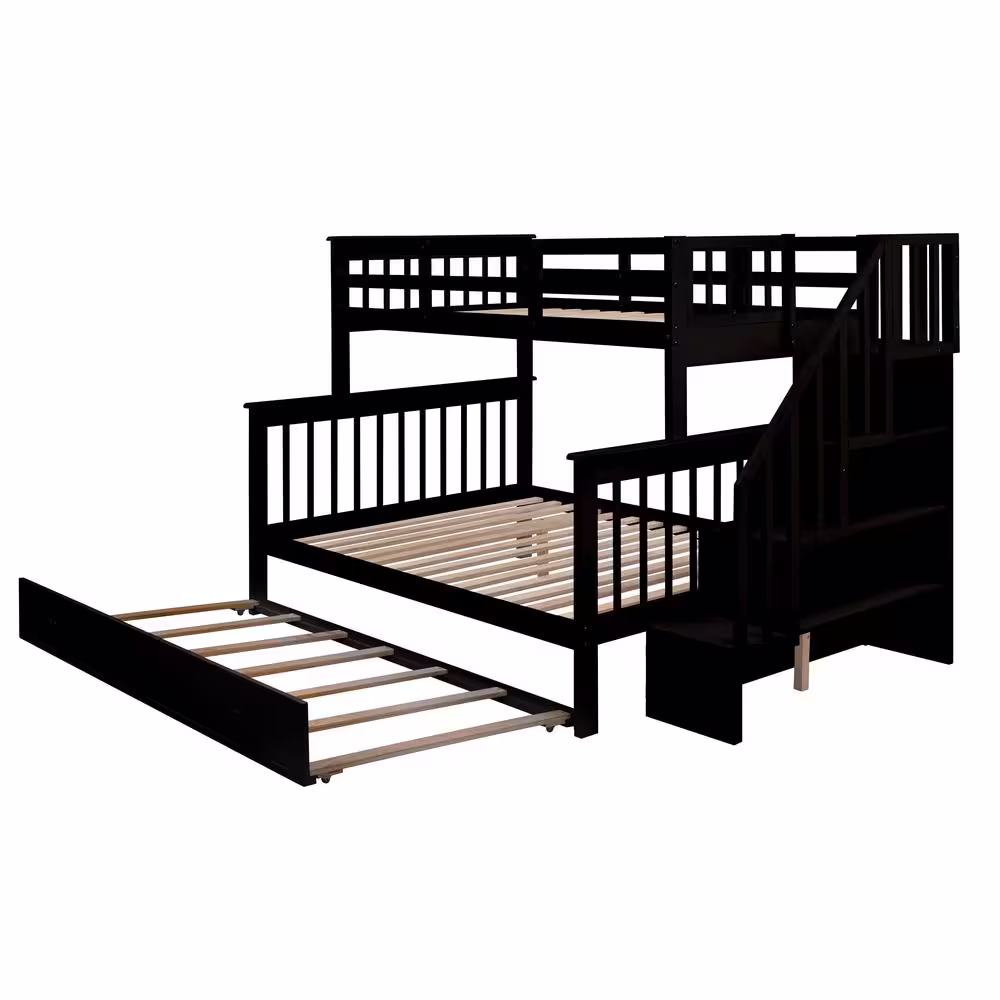 None Espresso Stairway Twin Over Full Bunk Bed with Trundle, Storage and Guard Rail(91.73 in. L x 54.33 in. W x 61.4 in. H)
