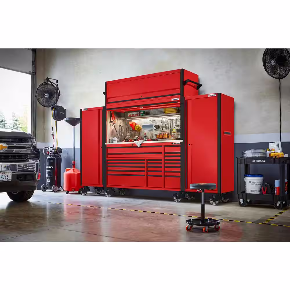 Husky 72 in. W x 24.5 in. D Professional Duty 20-Drawer Mobile Workbench Tool Chest with 2 Side Lockers and Top Hutch in Red