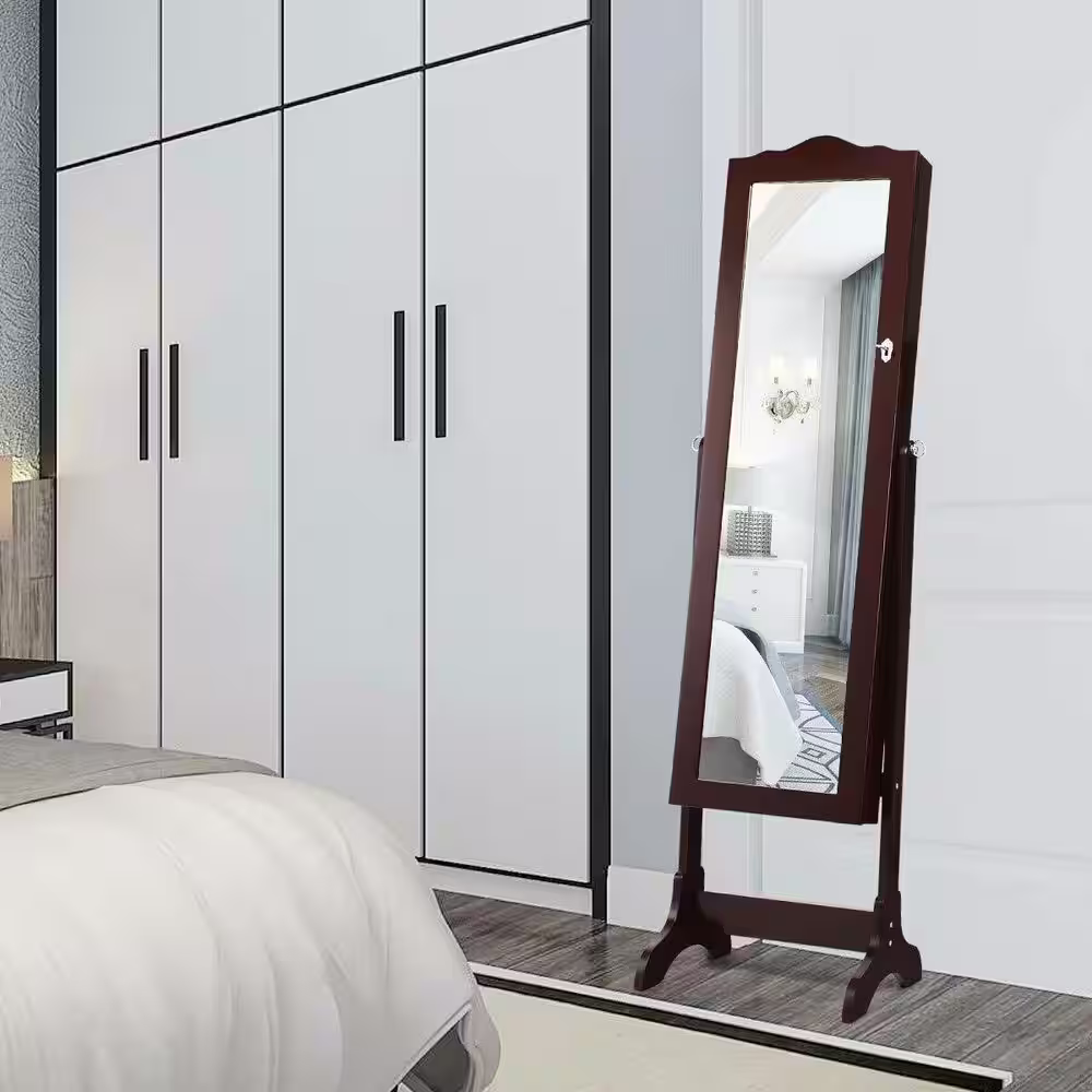 ANGELES HOME Coffee Wood 14-LED Jewelry Armoire Cabinet with Full Length Mirror and 4-Tilting Angles