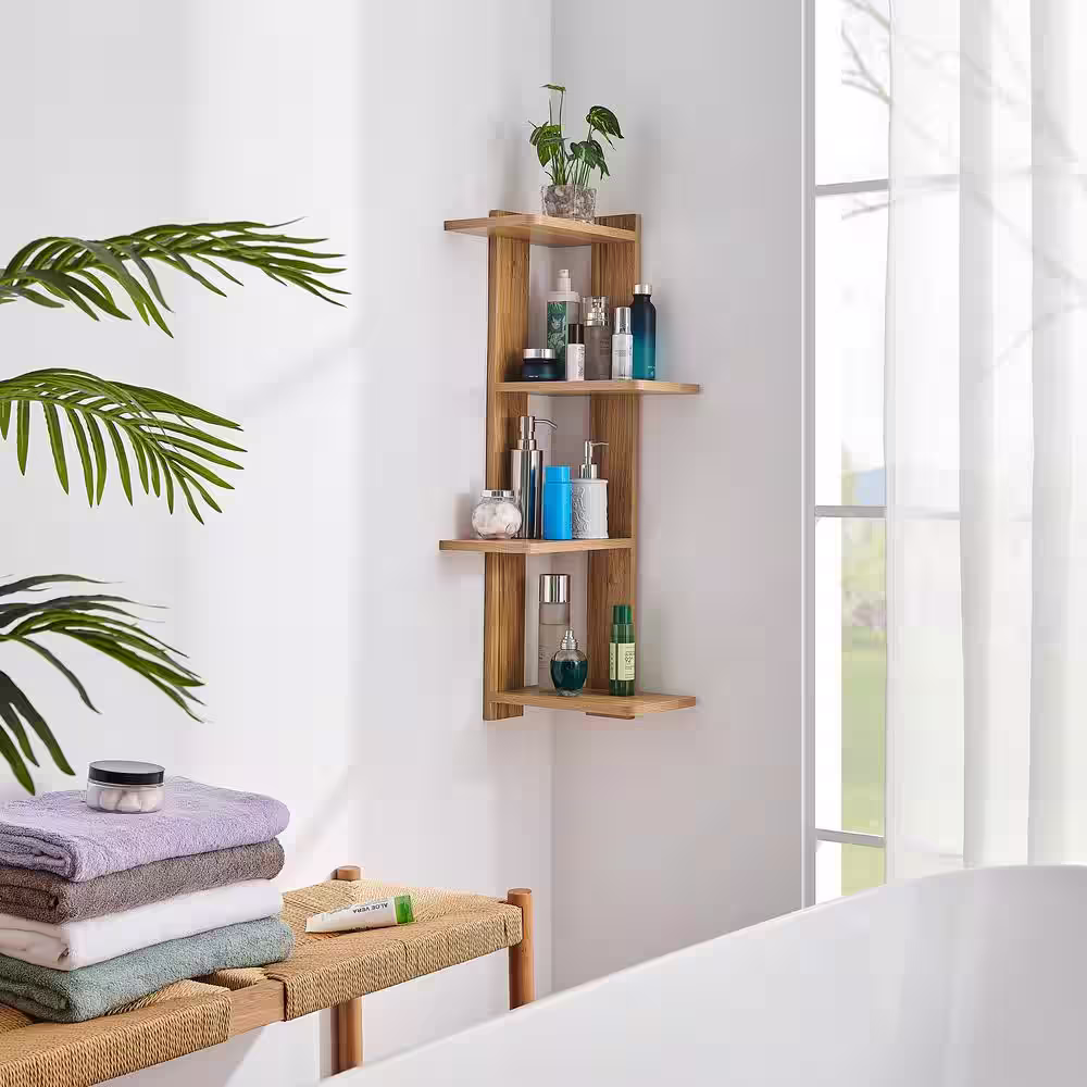 DANYA B Alvar 11.8 in. W x 7 in. D x 33 in. Corner 4-Tier Floating Ledge Column Decorative Wall Shelf - Chestnut
