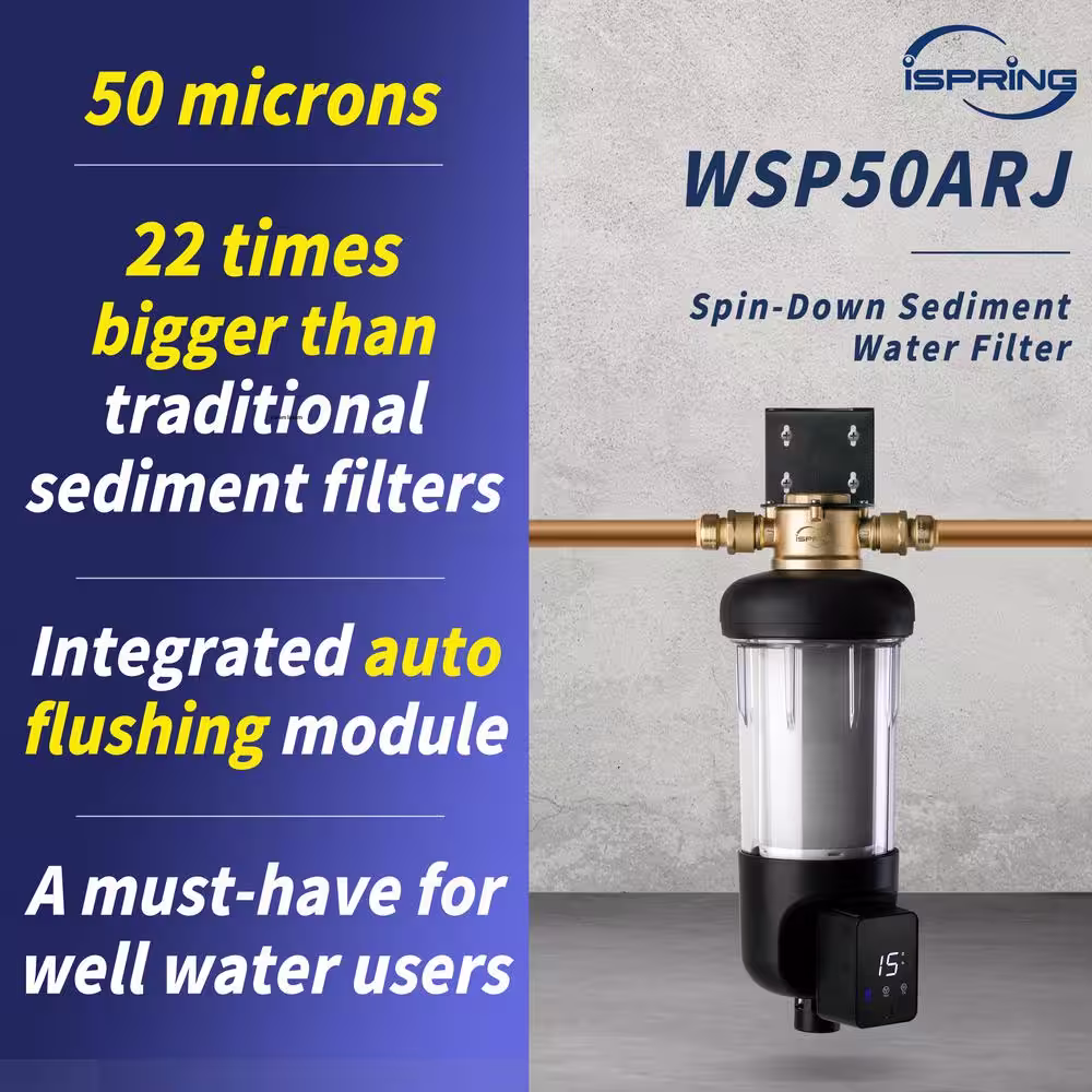 ISPRING WSP50ARJ Spin-Down Sediment Water Filter, Jumbo Size, Large Capacity, Reusable with Touch-Screen Auto Flushing Module