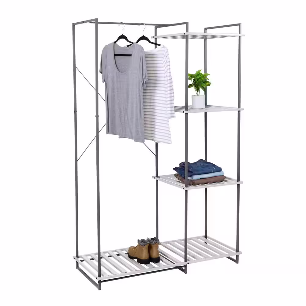 Honey-Can-Do Gray and White Steel Freestanding Open Clothes Rack with Shelves (45.2 in W. x 68 in. H)
