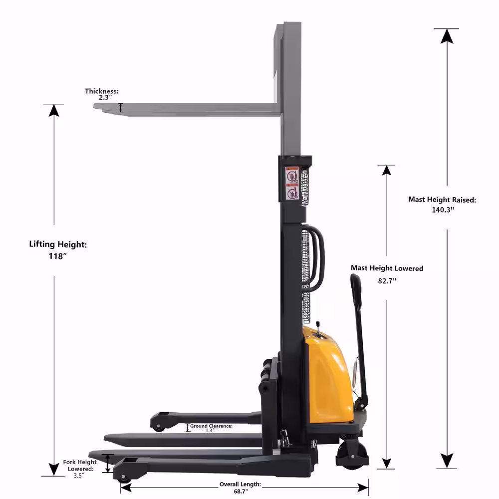 None 3300 lbs. 118 in. Straddle Legs Semi-Electric Stacker Walk-Behind Pallet Stacker with Adjustable Forks