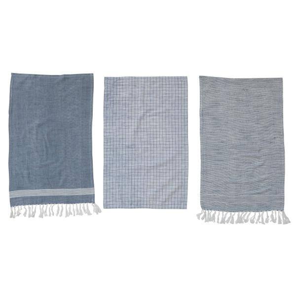 None Blues and White Print Cotton Blend Tea Towels with Patterns and Fringe (Set of 3)