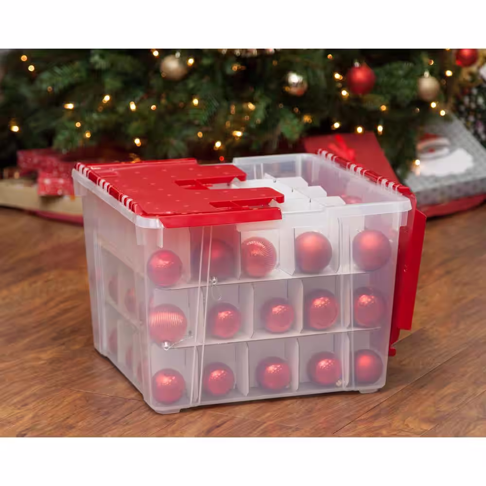 IRIS 60 Qt. Holiday Wing-Lid Storage Bin with Ornament Dividers in Red