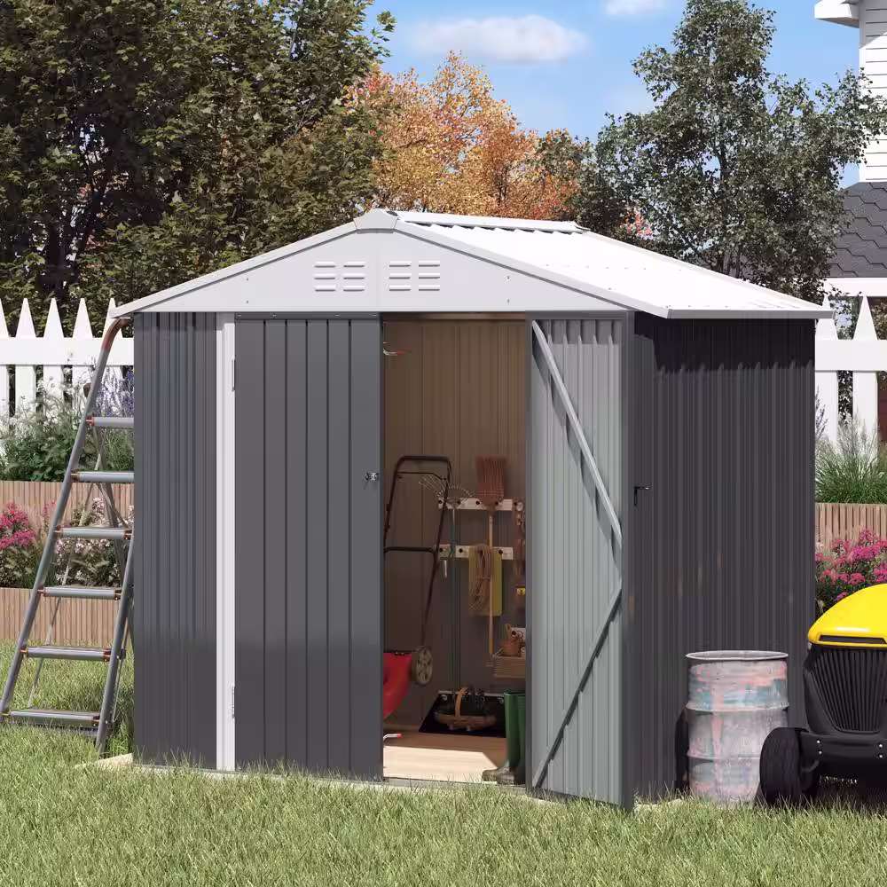 None 8 ft. W x 6 ft. D Outdoor Storage Metal Shed Utility Patio Shed for Garden and Backyard 48 sq. ft. in Gray
