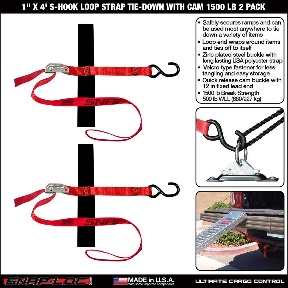 SNAP-LOC 4 ft. x 1 in. S-Hook Cam Strap with Hook and Loop Storage Fastener in Red (2-Pack)