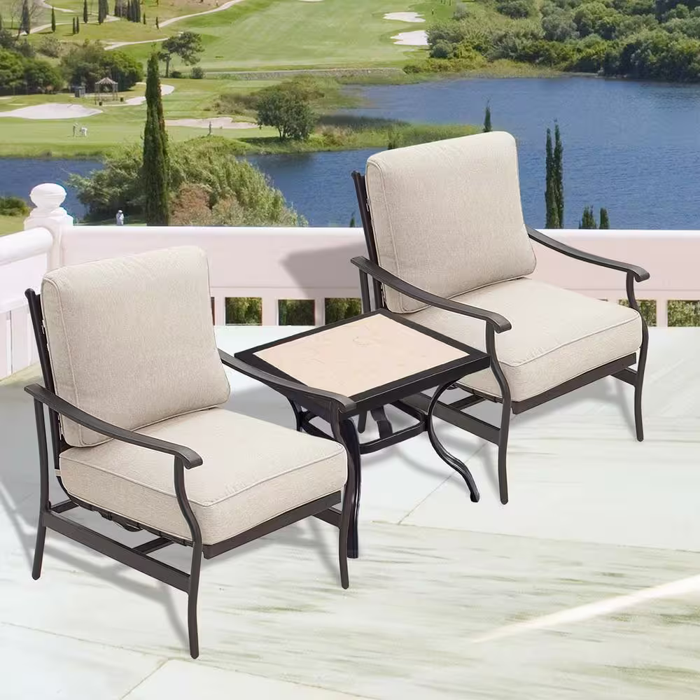 TOP HOME SPACE 3-Piece Metal Rocking Square Outdoor Bistro Set with Beige Cushion