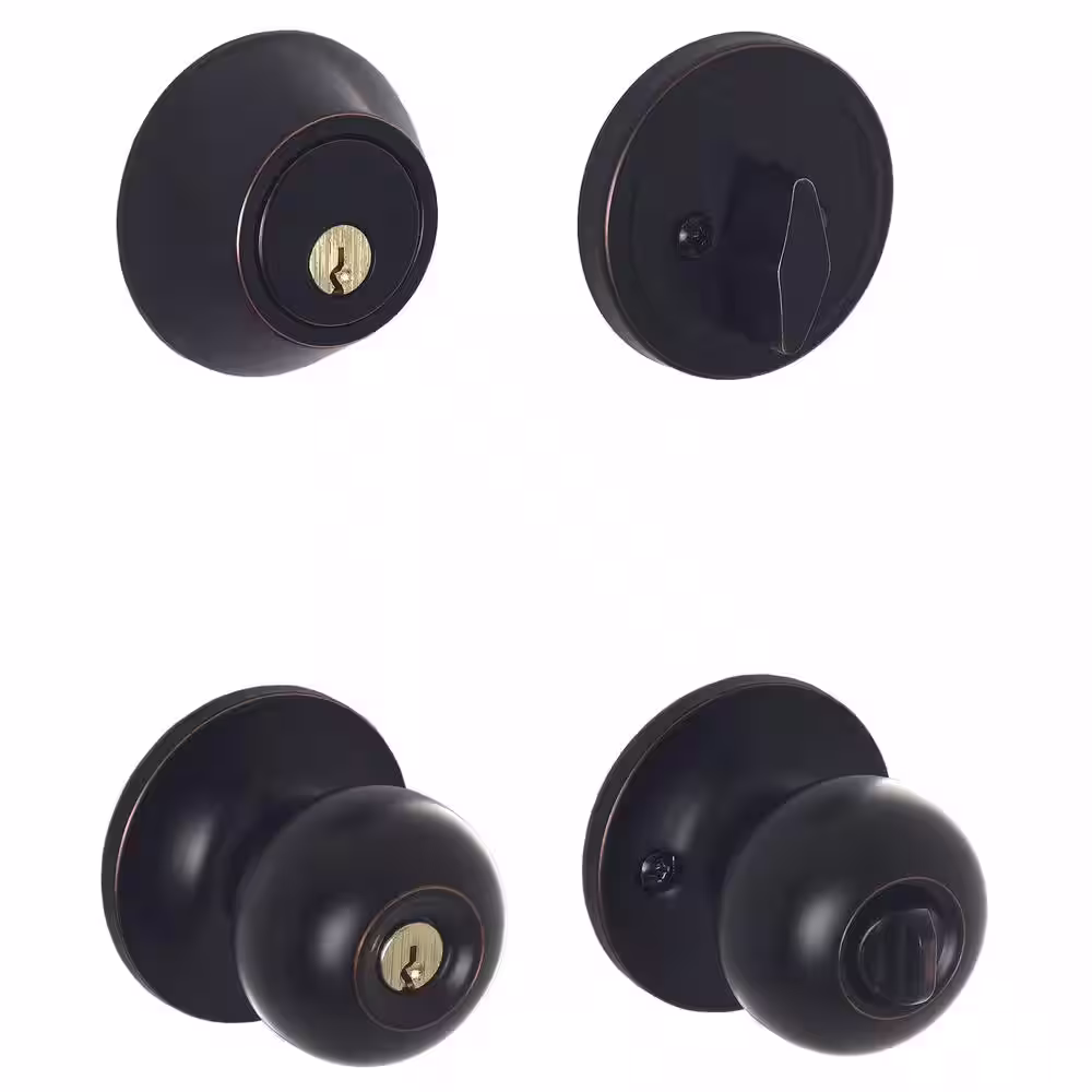 ESSENTIALS by Schlage Jeffir Aged Bronze Single Cylinder Deadbolt and Keyed Entry Door Knob Combo Pack