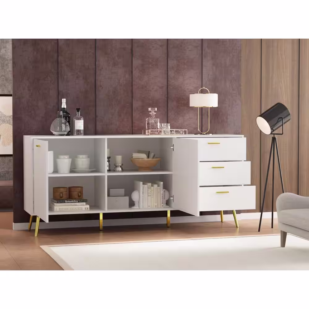 FUFU&GAGA 69 in. White Wood 2-Door and 3-Drawers Storage Accent Cabinet With Metal Leg Storage Cupboard, TV Stand Buffet Sideboard