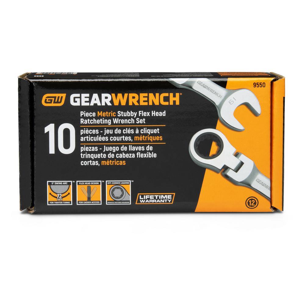 GEARWRENCH Metric 72-Tooth Stubby Flex Head Combination Ratcheting Wrench Tool Set (10-Piece)