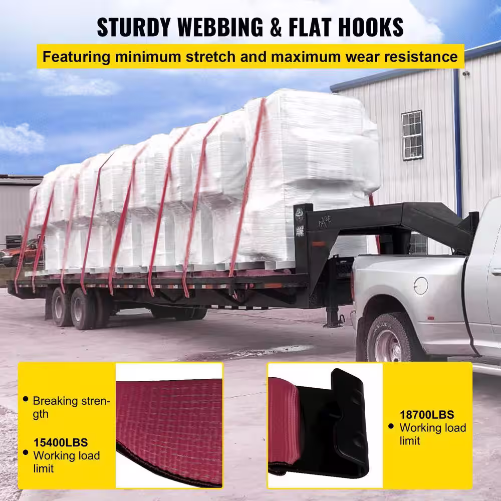 VEVOR Truck Straps 4 in. x 30 ft. Winch Straps 15,400 lbs. Load Capacity Flatbed Strap with a Flat Hook in Red (8-Pack)