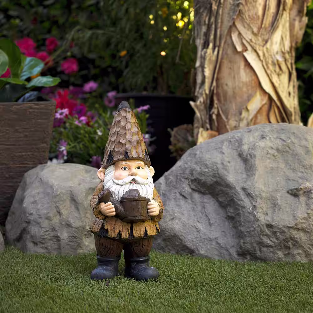Alpine Corporation 16 in. H Indoor/Outdoor Garden Gnome with Watering Can Statue, Brown