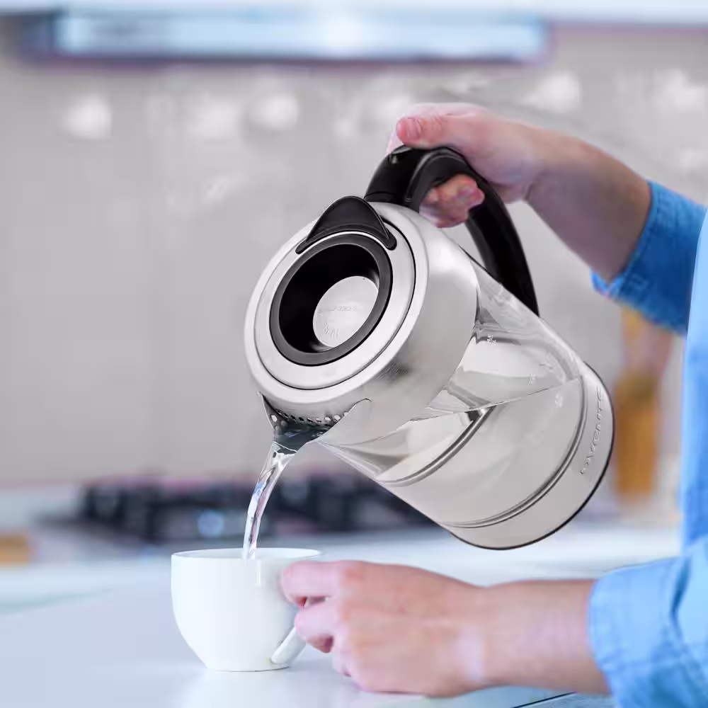 OVENTE 7-Cup 1.7 l Silver Glass Electric Kettle with ProntoFill Technology-Fill Up with Lid On